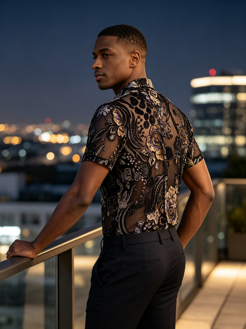 High end velvet crochet men's top