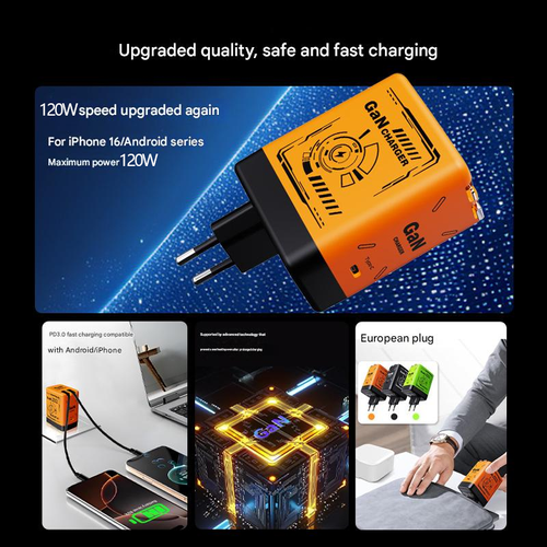 The fastest 120W gallium nitride (GaN) fast charger, with a retractable data cable, in orange.