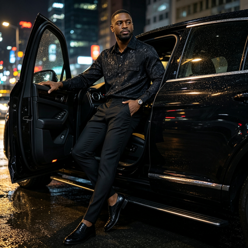 Men's Black Cuban-Collar Printed Shirt