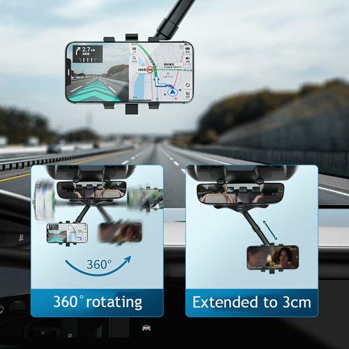 360 Car Rearview Mirror Phone Holder with Rotatable, Adjustable, and Telescopic Function