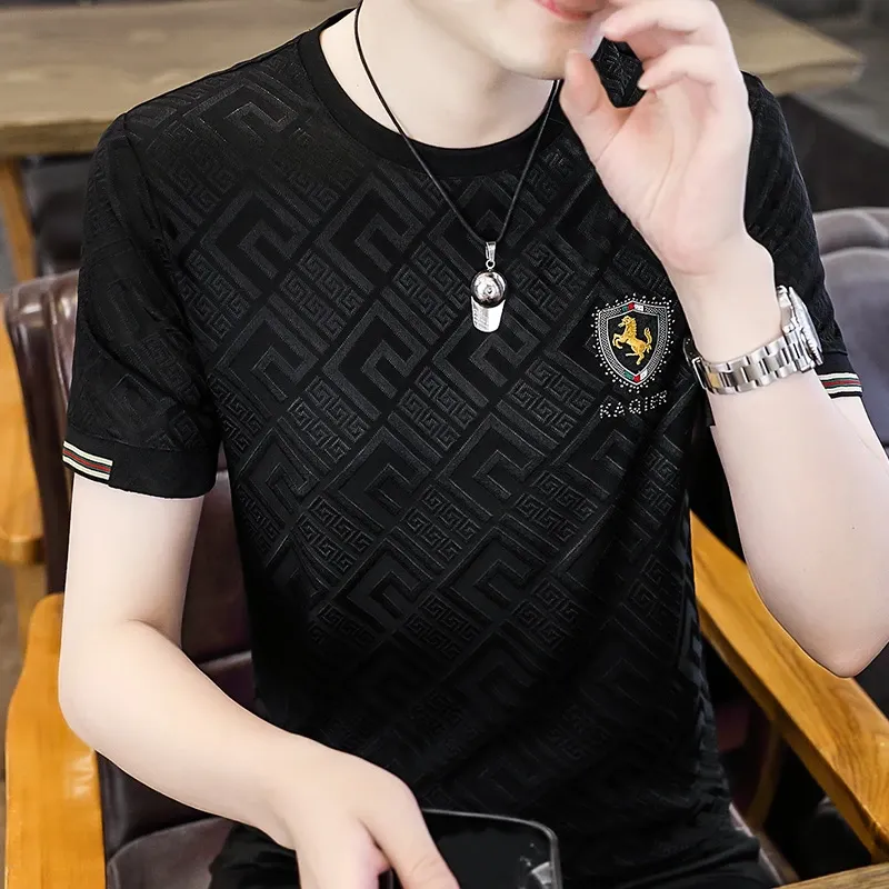 Black short-sleeve  ice silk  top featuring a gold logo, crew neck, and letter print.