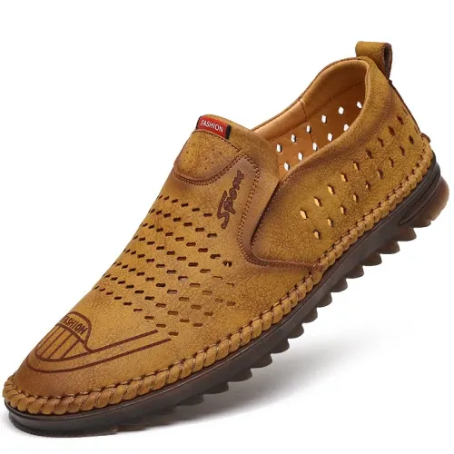 Mens Loafers Summer Hollow Out Sandals Fashion Handmade Casual Leather Shoes for Men Soft Sole Driving Shoes