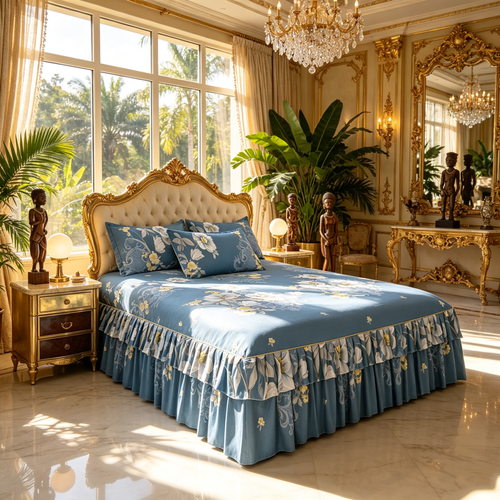 Floral Ruffled Bed Skirt 3-Piece Set Bed skirt + two pillowcases