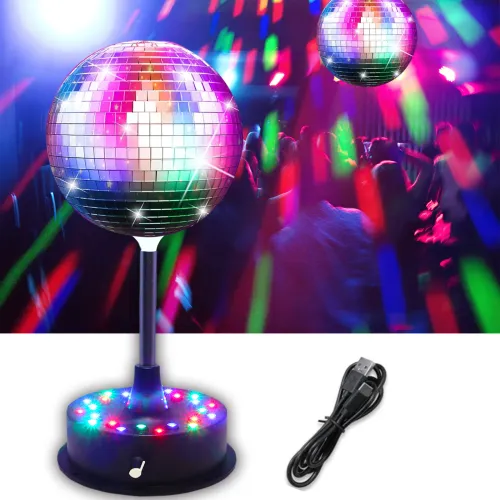 6 Inch Rotating Mirrors Disco Ball Light 5RPM-9RPM Adjustable Rotary Motor Base 24 RGB LED Mood Lights （USB Battery Powered)