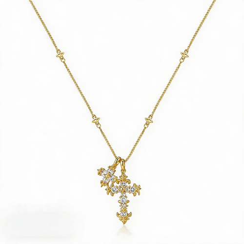 Gold-Plated Iris Flower Cross Necklace – Electroplated Finish (Brass Base), Christian Symbol Pendant, Unisex Gift for Daily Wear