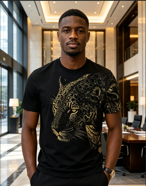 Premium Gold Foil Men's Slim Fit T Shirt Breathable Soft Cotton Minimalist Style Versatile Summer Round Neck
