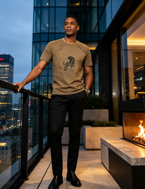Men Fashion Tiger Print Crew Neck Short Sleeve T‑Shirt