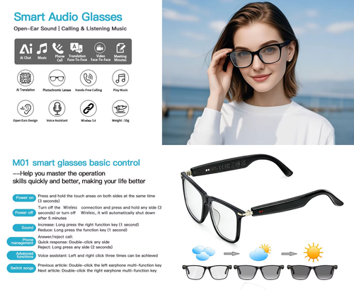 Smart Audio Glasses with Real-Time Translation Hi-Fi Music Playback Noise-Cancelling Voice Calls And Photochromic Lenses