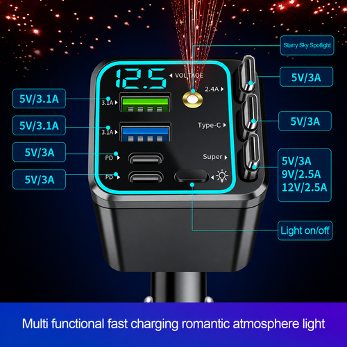 7-in-1 Retractable Car Fast Charger (with Starry Sky Roof Light)
