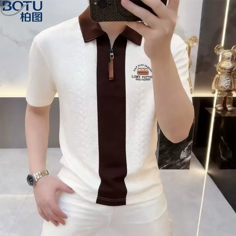 White and brown color-block polo shirt