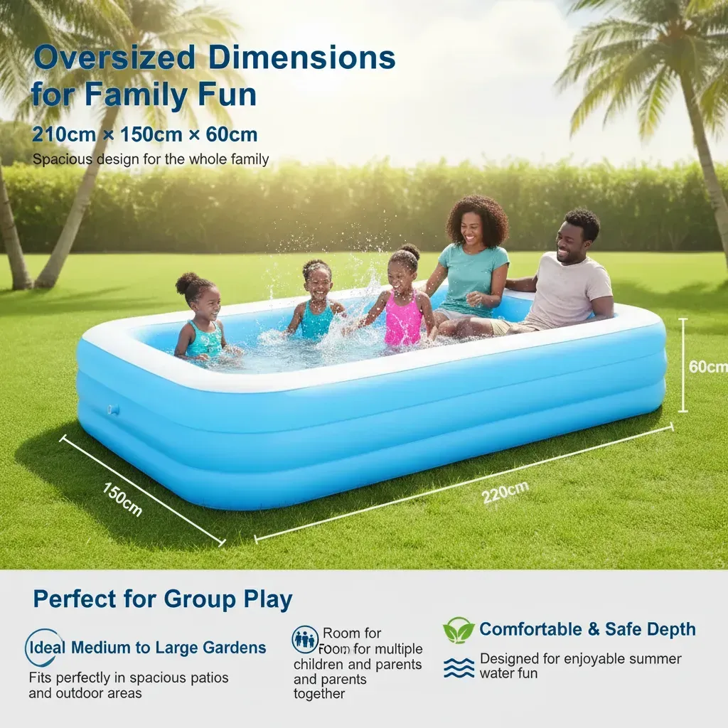 Oversized Family Blow-Up Pool – 210cm x 150cm x 60cm Backyard Water Park for Kids & Adults