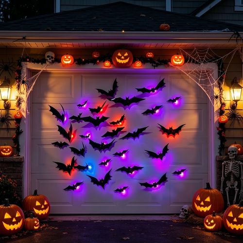 Halloween Glow-in-the-Dark Bat Wall Decals (24 Pack) – Spooky Decorative Stickers with LED Lights