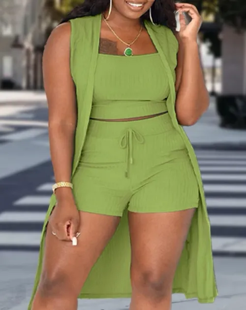 Women's Commuting Suits NEW 3PCS Ribbed Tank Top & Casual Vacation Drawstring Shorts Set with Vest Coat