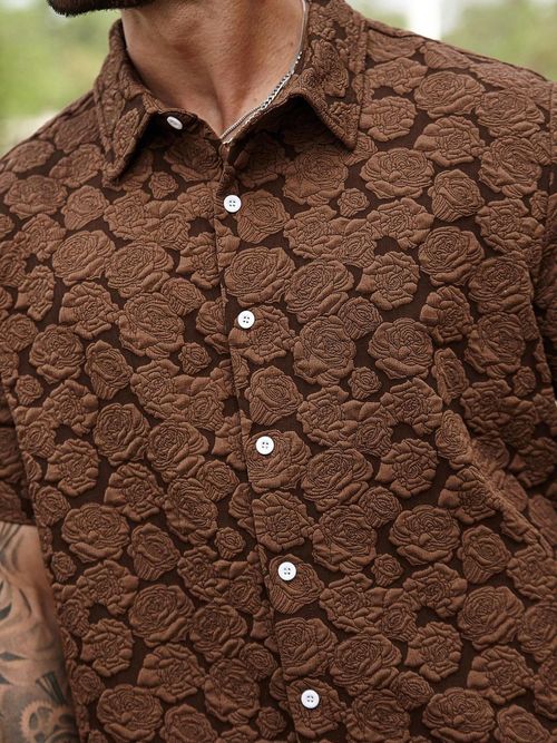 Plus Size Men's Vintage Floral Rose Print Short Sleeve Shirt, Regular Fit Casual Soft Collared Button-Down Top for All Seasons Daily Wear