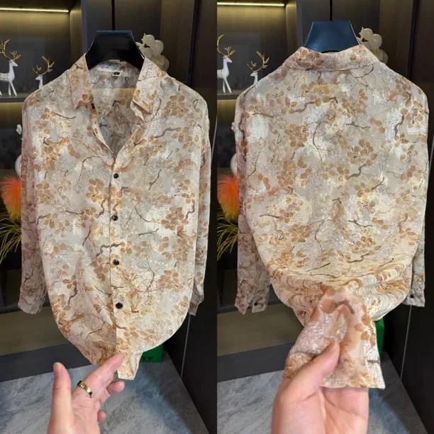 Men's white summer printed ice-silk shirt