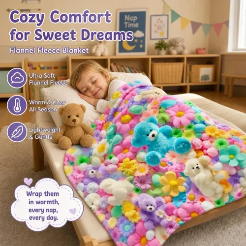 Teddy Bear Flannel Nap Blanket Floral Egg Pastel Print Flannel Blanket Soft Comfortable Air Conditioning Blanket