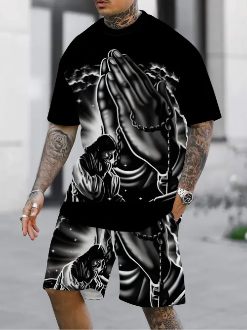 Men's Short-Sleeved Set Hands Together Print Casual Fashionable Street Style