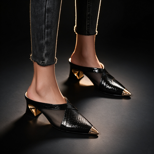 Anti collision metal pointed half slippers high heels black