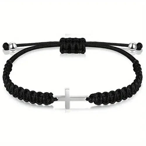 Simple Cross Black White Braided Rope Couple Bracelets Silver Color Adjustable Bracelet Christian Jewelry