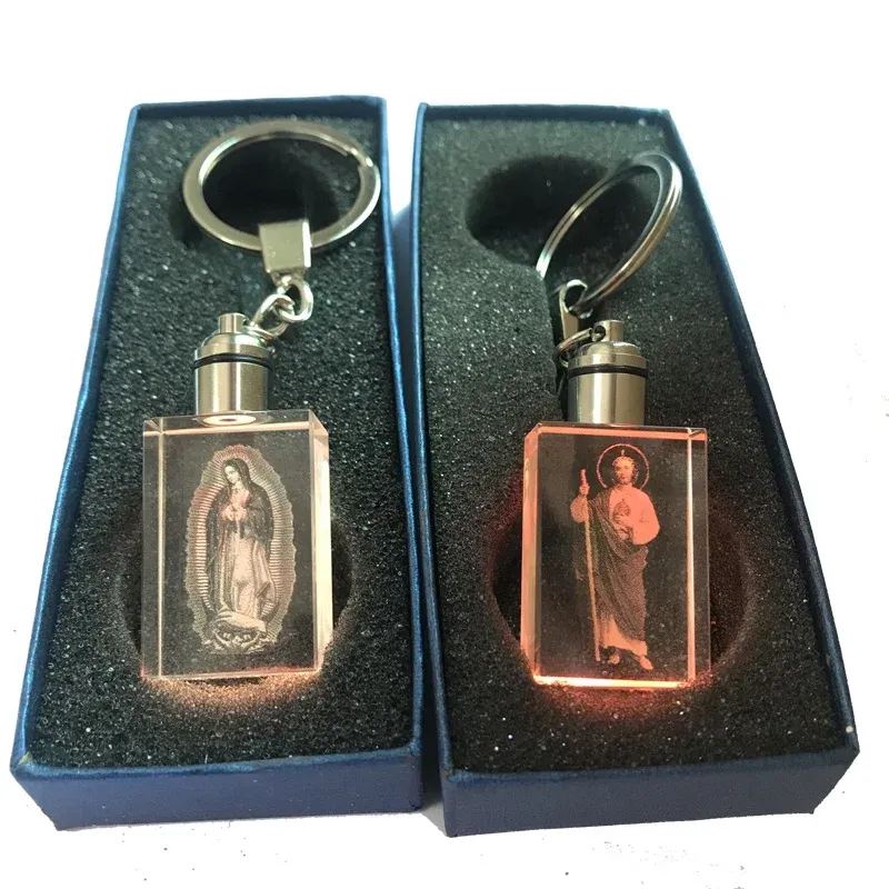 2Pcs Customized Carved Our Lady of Guadalupe San Judas Tadeo Saint Jude Religious Key Chains with Flashlight