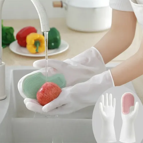 A pair Reusable Silicone Cleaning Gloves with Built-in Scrubber Waterproof Heat Resistant Gloves for Dishwashing Bathroom Pet Grooming