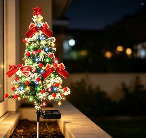 ulticolor LED Solar Tree Lamp Cedar Christmas Garden Stake with Red Bows Berries Bells and Star for Outdoor Holiday Decor