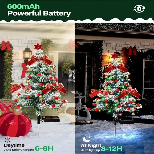 ulticolor LED Solar Tree Lamp Cedar Christmas Garden Stake with Red Bows Berries Bells and Star for Outdoor Holiday Decor