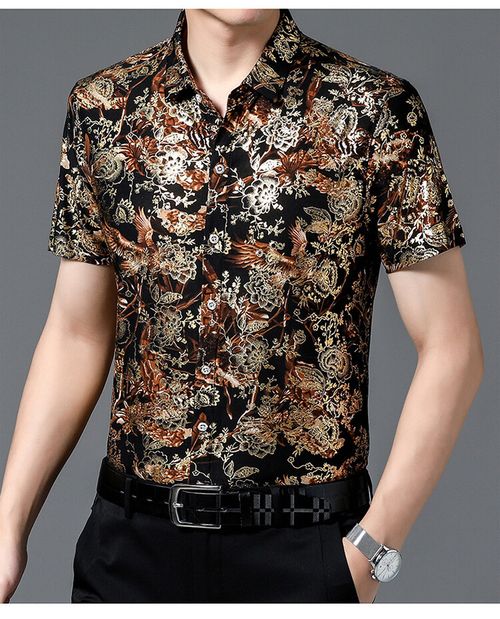 Men's Short-Sleeve Shirt — Mercerized Cotton, Wrinkle-Free, Floral Print — Loose-Fit, Plus Size (Up to 5XL)