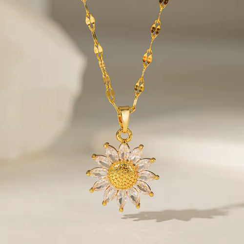 2pcs Dainty Stainless Steel Necklace  Plated Zircon Daisy Sunflower Pendant Necklace For Women Girls Jewelry