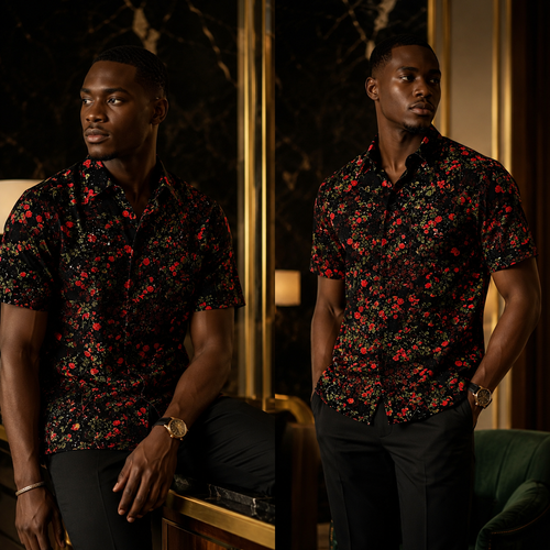 Men's short-sleeve shirt featuring a red flower standing tall on a cliff's edge.