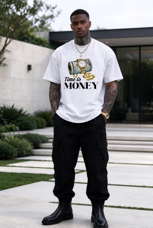 Men Oversized Graphic T-Shirt, Time Is Money Dollar Watch Print Casual Short Sleeve Tee, Fashion Streetwear Tops for Men