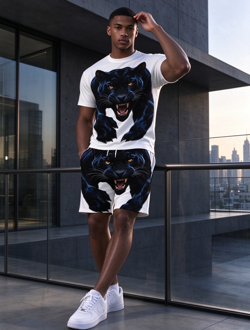 Black Panther Pattern Short Sleeve Shorts Set