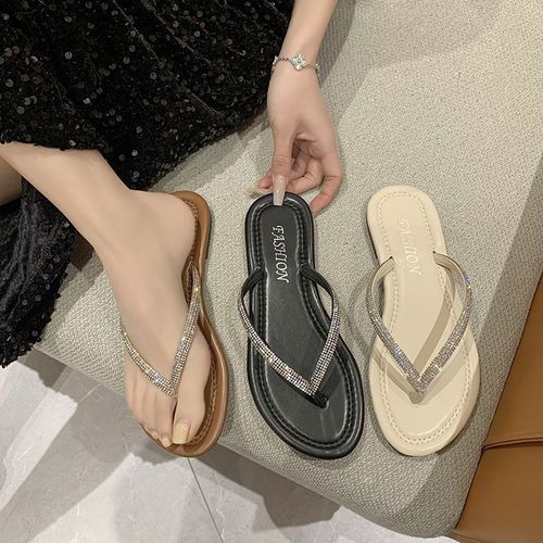 Rhinestone Slippers Women New Summer Shoes Women Fashion Bling Flip Flops Soft Comfort Flat with Slippers Gold Beach Sandals