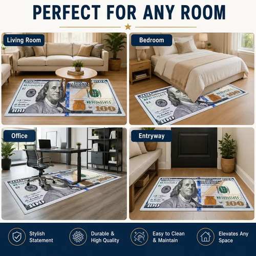 Cotton Flat Weave Home Decorative Rug - $100 Bill Print, Anti-Shrink, Washable, Non-Slip Rubberback Floor Runner, Modern Multicolor, for Bedroom, Hallway
