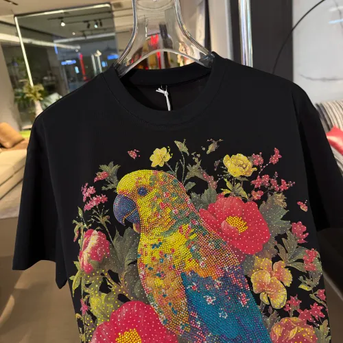 2026 New American Streetwear Men Black White Pink Parrot Rhinestone Print Loose Casual Fashion Round Neck Short Sleeve T-Shirt