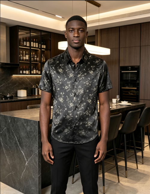 Black Satin Floral Short Sleeve Shirt