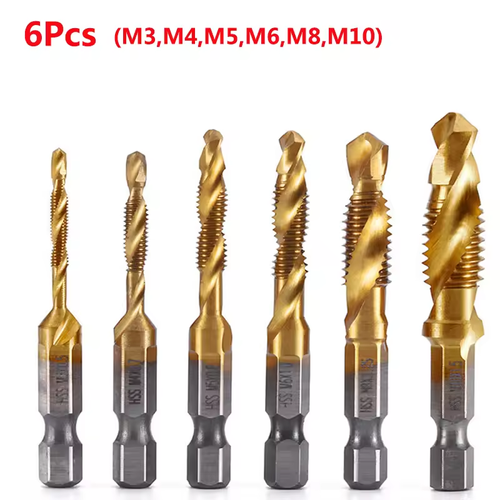 6Pcs Hex Shank Titanium Plated HSS Screw Thread Metric Tap Drill Bits Screw Machine Compound Tap M3 M4 M5 M6 M8 M10 Hand Tools
