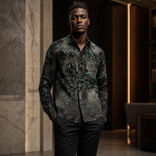 High-end long-sleeved shirt in green bamboo-print fabric