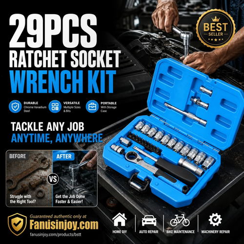 🔧🚗 29pcs Core Ratchet Socket Wrench Kit – Chrome‑vanadium steel, 11 sockets & 10 bits. Perfect for car repairs & DIY 🛠️✨