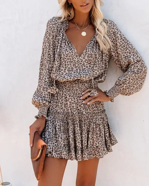 Women's V-Neck Long Sleeve Ruffle Hem Mini Dress