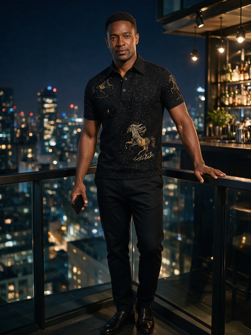Mature light luxury, black gold business casual T-shirt