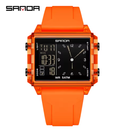 Wristwatch Square Dual Time  Electron Analog Watch  Waterproof Count Down Timer Digital World Time
