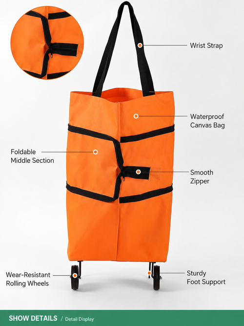Lightweight, foldable shopping trolley with wheels (can also be carried over the shoulder)