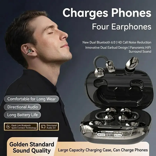 3-IN-1 Chargeable Wireless Audio Headset Combo - Portable Stereo Headphones with Power Bank Case, 6-Piece Electronic Set (In-Ear, Clip-On, Sleep) for Calls Gaming