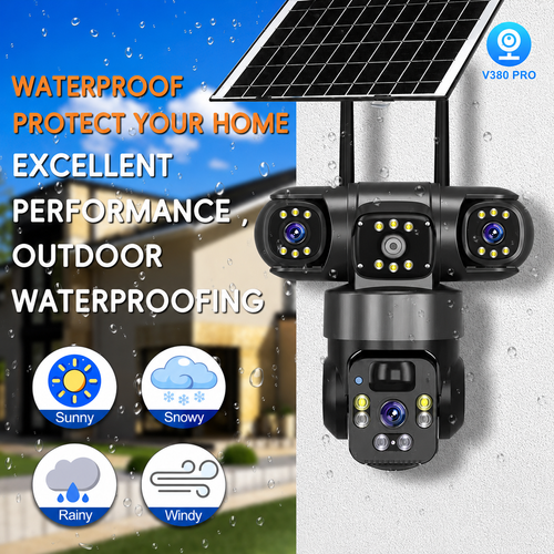 🔥 Solar Powered 3-Lens Outdoor Security Camera – Triple Screen View, AI Human Detection, PTZ Control, Color Night Vision & Two-Way Audio