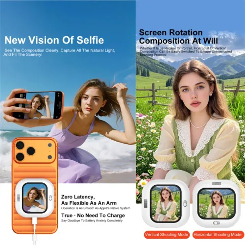 Mini Magnetic Phone Selfie Screen Bluetooth Phone Monitor Screen Rear Camera Selfie for iPhone 17-12 Android Vlog Video Shooting