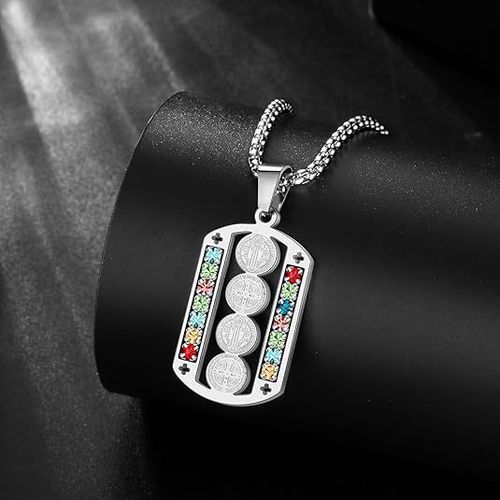 Stainless Steel St. Benedict Medal Pendant Necklace – Cross Inlay with Colored Stones – Distinctive Jewelry