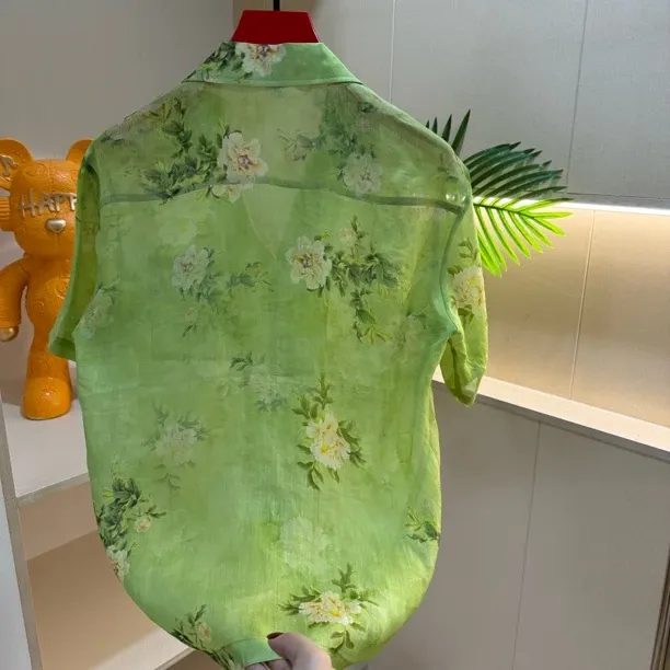 Green printed ramie Cuban-collar shirt