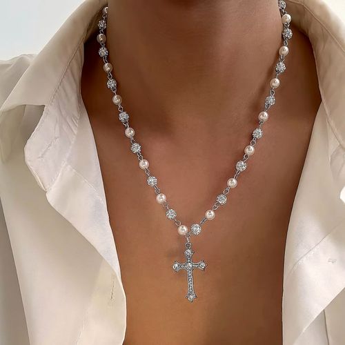 Silver-tone pearl and rhinestone cross pendant necklace (unisex)