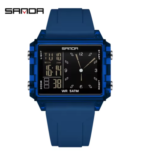 Wristwatch Square Dual Time  Electron Analog Watch  Waterproof Count Down Timer Digital World Time